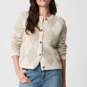 Cozy Cream Jcrew Argyle Button-Front Sweater Cardigan